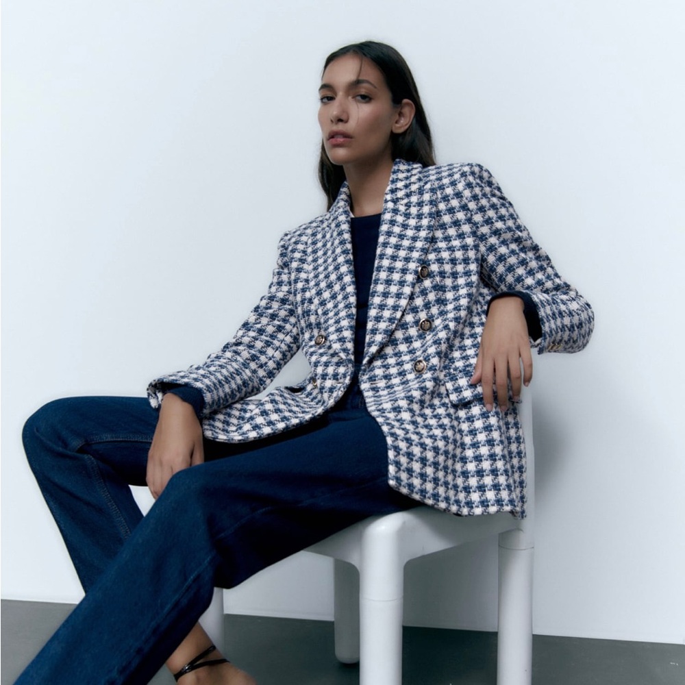 Zara double breasted textured jacket blazer lapel collar shoulder pads - Picture 4 of 10